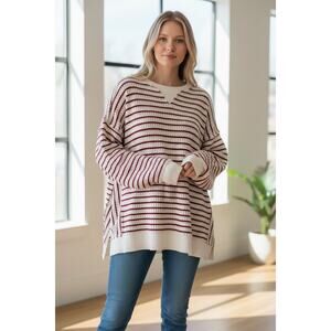 American Eagle Oversized Slouchy Waffle Knit Ribbed Striped Pullover Soft Cozy